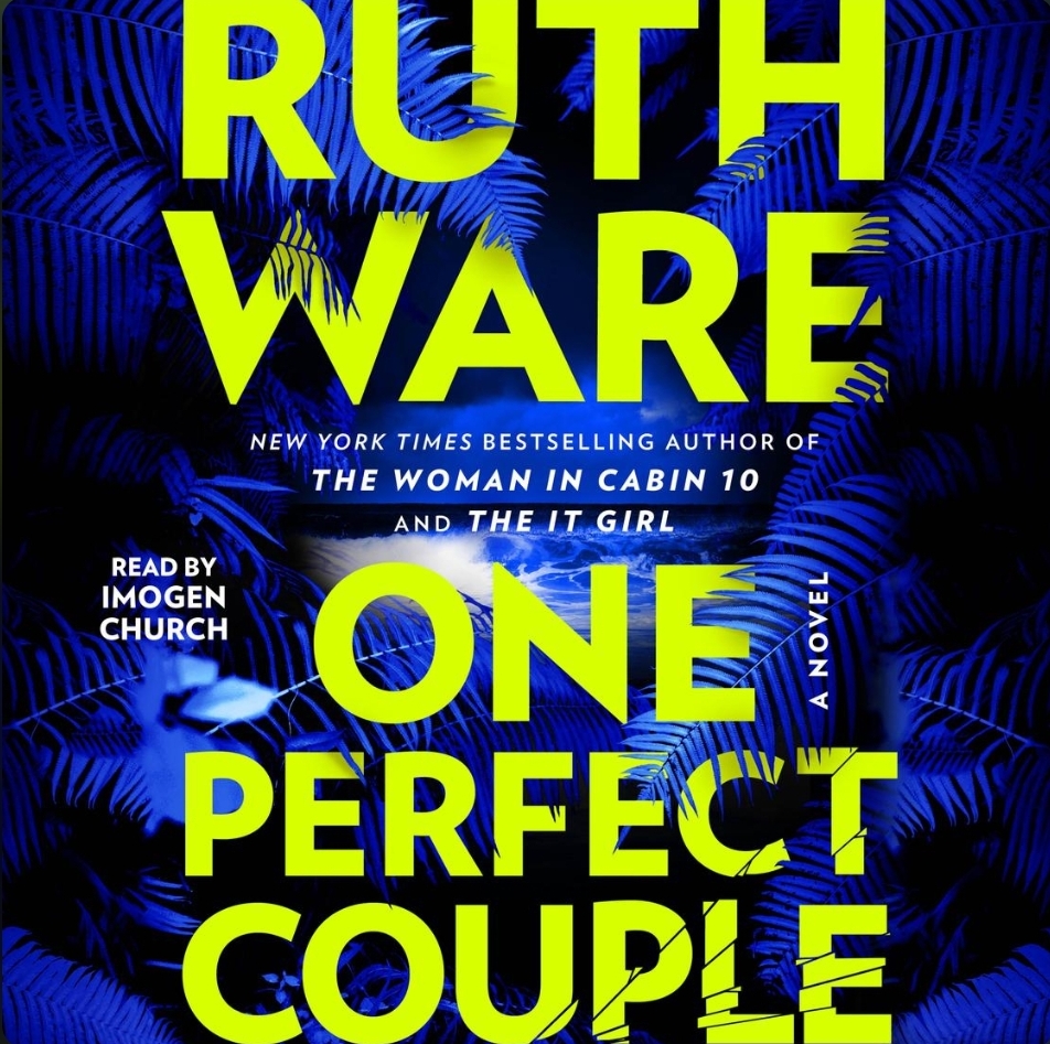 screenshot of One Perfect Couple cover: the author's name and title appear in bright green, with a background of dark blue and black behind it in the shape of palm leaves and a distant beach