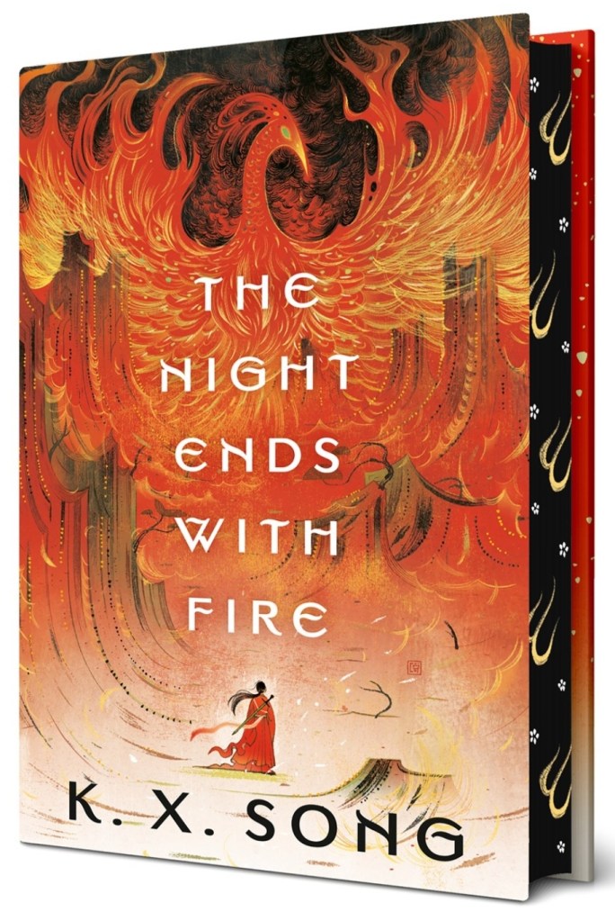 screenshot of Night Ends with Fire cover: a woman in a red dress stands in the foreground, a bird made of flame looming above her