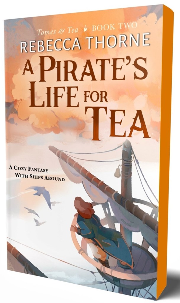 screen shot of Pirate's Life for Tea cover: pale orange clouds serve as a backdrop for the title; at the bottom of the cover is the crow's nest of a ship, on which a woman with a long coat stands. There are a few seagulls flying around.
