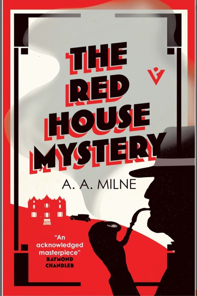screenshot of Red House Mystery book cover: a mostly gray background with the title overlaid. The bottom third depicts a red outline of a manor house and a hill, and in the foreground is the silhouette of a man smoking a pipe