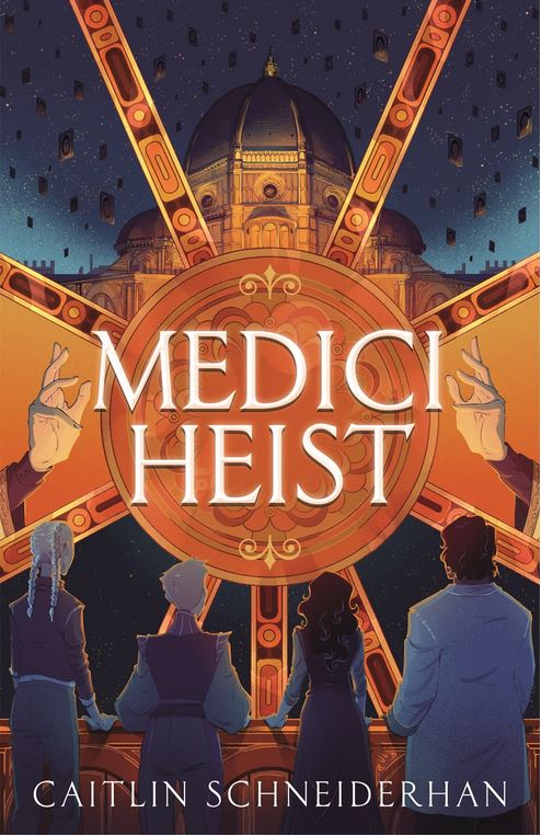 screenshot of Medici Heist cover: a tall domed building stands against a dark sky, stylistic bands of gold radiating out from the center of the cover, where the title is. At the bottom of the the cover stand four people, facing the tall building.