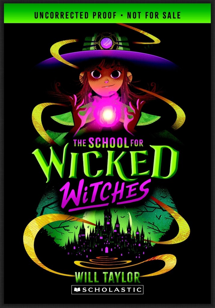 screenshot of The School for Wicked Witches: the title text is centered, above which a young girl in a pointed black hat holds a sphere of pink-purple light between her hands. Below the title is the silhouette of a castle-like structure with glowing pink windows. A road made of golden bricks (naturally) weaves between/under the images and title text.