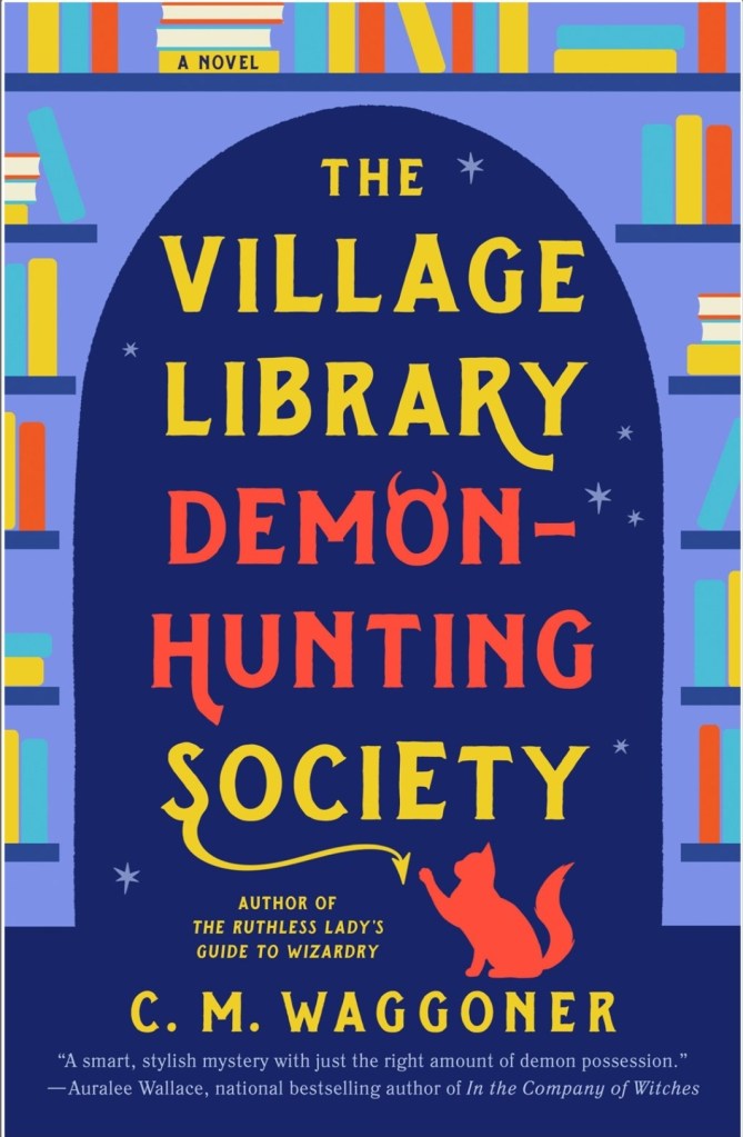screenshot of Village Library Demon-Hunting Society book cover: a doorway contains the title, with bookshelves on either side. The red silhouette of a cat sits at the bottom of the cover.
