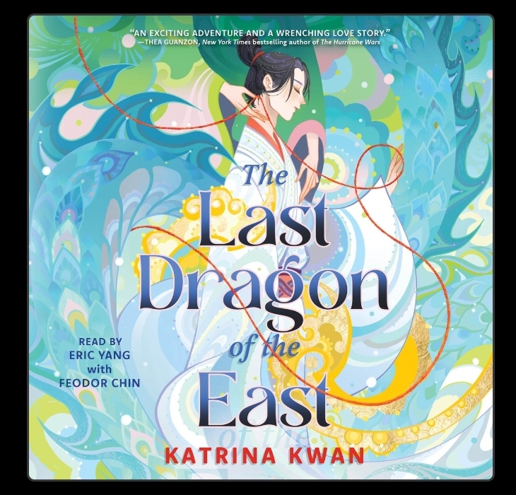 screenshot of Last Dragon of the East cover: a young man stands in the center, while swirling shapes reminiscent of the ocean surround him. There is also the sense of a reptilian creature in parts, where scales can be seen. Two hands caress the young man lightly, and a thin red thread sweeps around.