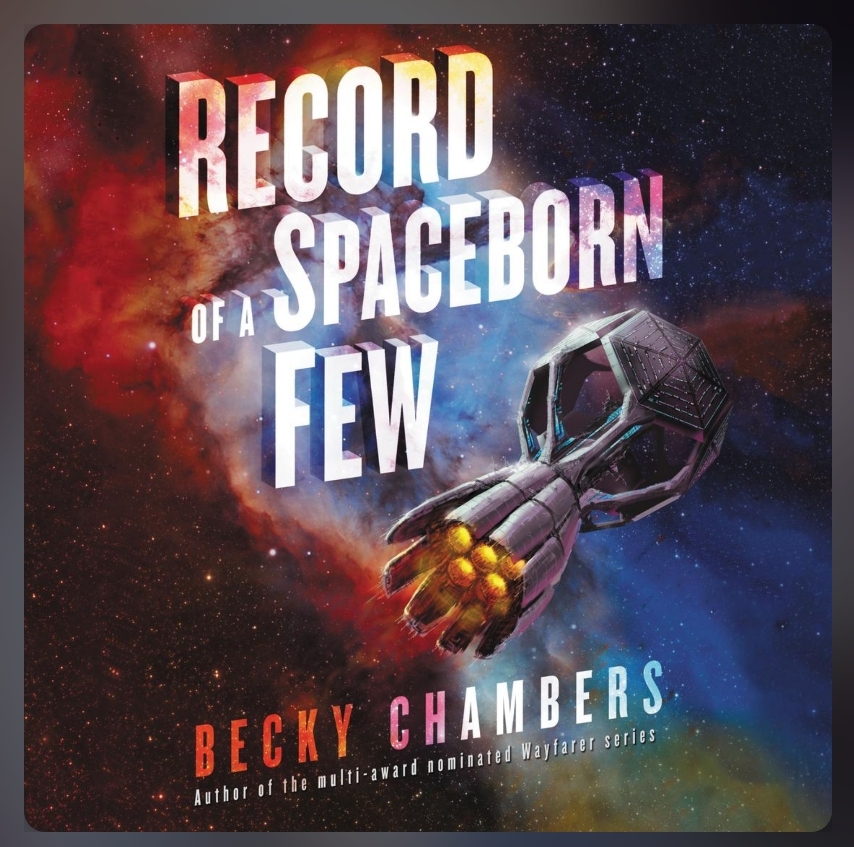 screenshot of Record of a Spaceborn Few cover: a blue and red nebula serves as the background, with a gray spaceship in the foreground. It's got geometric panels forming the body, with thrusters coming off one end.