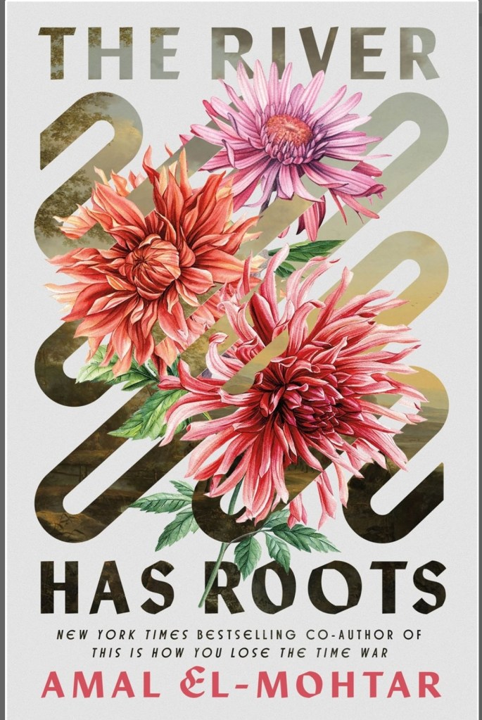 screenshot of River Has Roots cover: a curving line weaves across the majority of the space, evoking a river's path. Three pink flowers are overlaid on the river. The title and author's name are above and below these images.