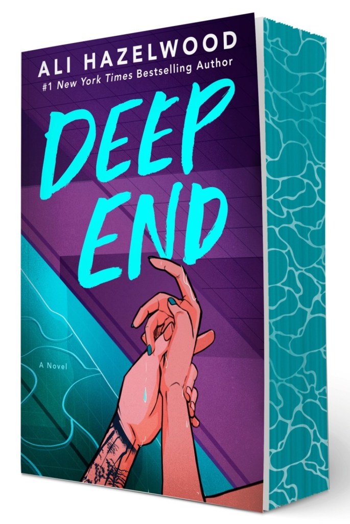 Screenshot of Deep End: the edge of a swimming pool is shown, the water a bright turquoise and the tile a dark purple. Two people's hands are intertwined.