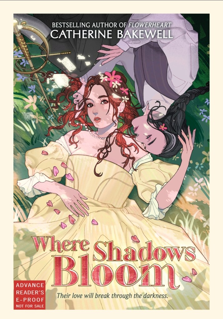screenshot of Where Shadows Bloom: two young women lie on grass, shadows dappling their bodies. One women has red hair and a yellow dress; the other has dark hair streaked with gray and wears a shirt and waistcoat. A sword is next to them on the grass.