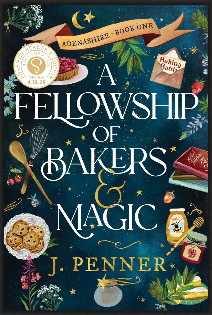 screenshot of Fellowship of Bakers & Magic: a dark teal background, the title in white in the center. Around the words are illustrations of various objects, like baking utensils, cookbooks, herbs, honey, biscuits, and pies.