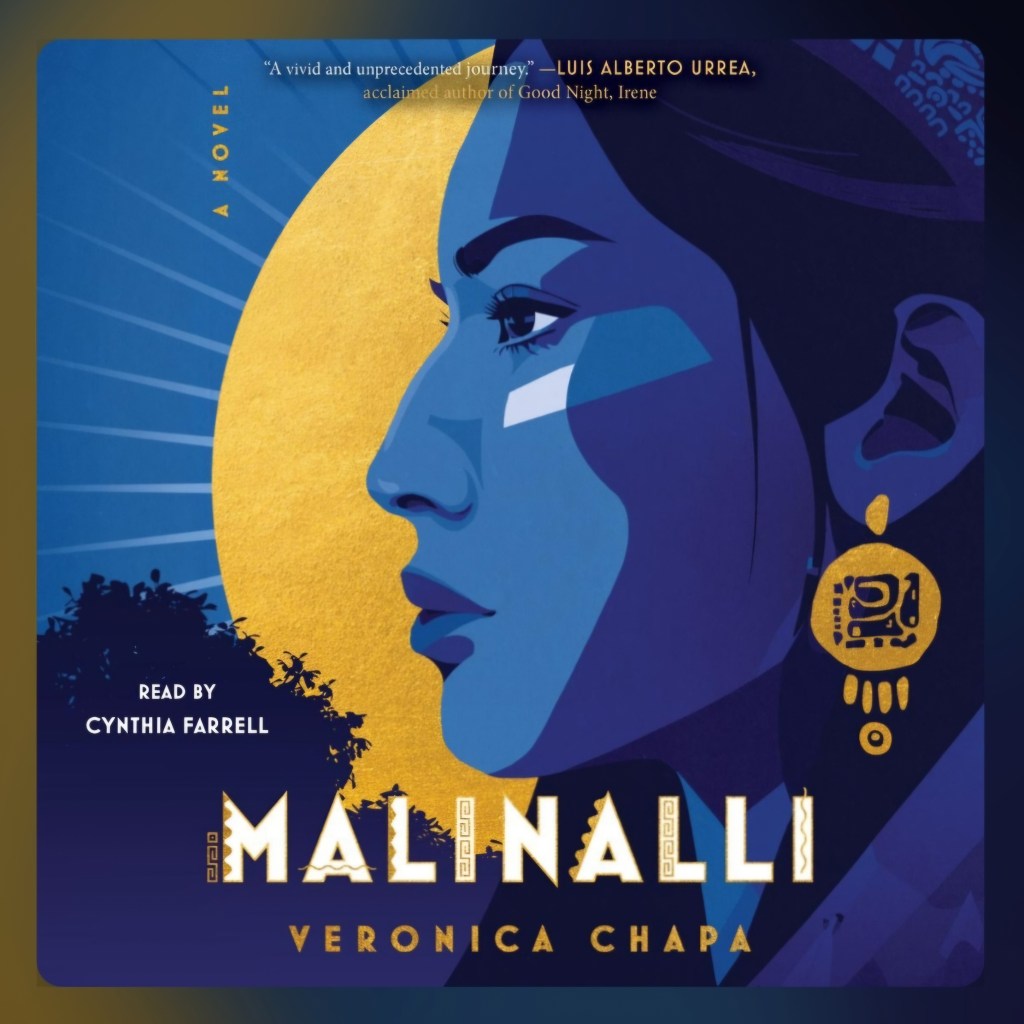 screenshot of Malinalli: a blue background with a golden sun, and in the foreground is a woman's profile, also with blue light over her. She wears an ornate golden earring.