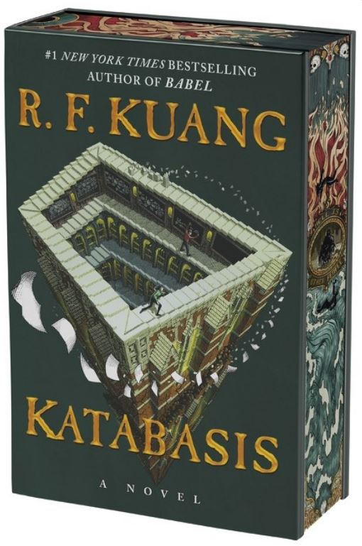 screenshot of Katabasis: a dark green background, and in the center is a Escher-esque staircase, always going up. Two figures run along its steps, while papers swirl around them. The author's name and title are above and below the image in gold letters.