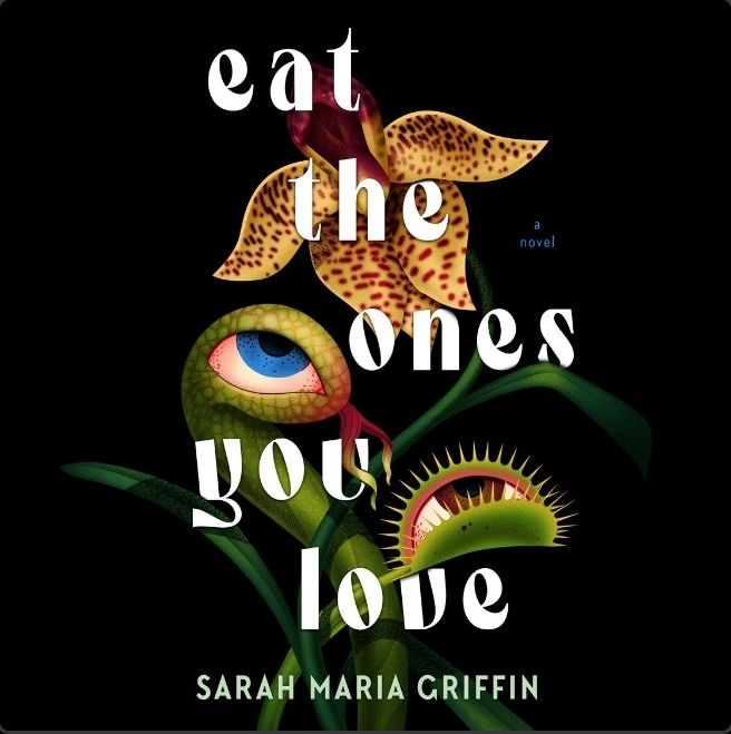 screenshot of Eat the Ones You Love: a black background, on which there's an orchid. It has eyes, one of which is framed with lashes like a Venus fly trap. The title is in white over the image.