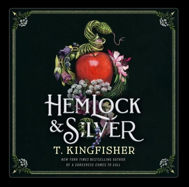 screenshot of Hemlock & Silver: a black background and a green border. Centered is a bundle of flowers and an apple. The title is in silver over the image.