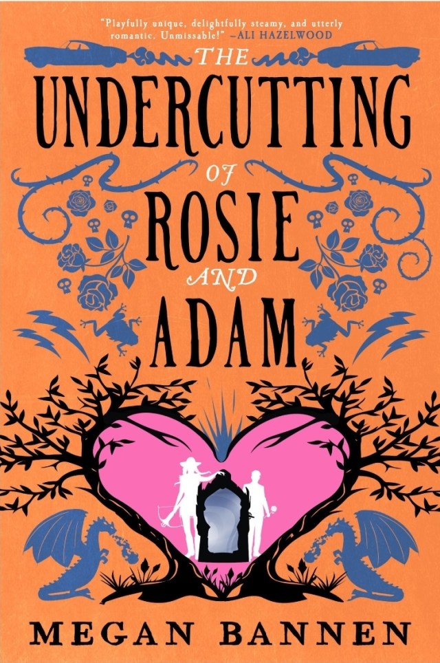 screenshot of Undercutting of Rosie and Adam: an orange background, on which there is the title, dragons, and curling rose vines. At the bottom, there's a pink heart and the silhouette of a tall woman and a shorter man, both leaning against a mirror-like portal.