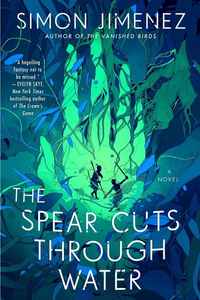 screenshot of The Spear Cuts Through Water cover: a dark blue, watery background, with a lighter green area in the center in the shape of a large hand. The silhouettes of two men are visible in the hand's palm. One man has one arm and holds a spear, the other holds two swords. The title/author name are at the top and bottom of the title respectively in white letters.
