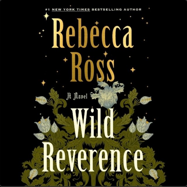 screenshot of Wild Reverence: black background with leaves, white flowers, and stars. The author's name is at the top in gold, the title in white at the bottom.