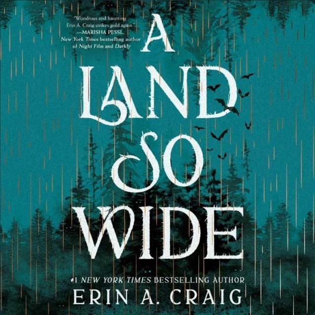 screenshot of A Land So Wide cover: a teal background, with trees in the background and bats flying around. The title/author name are in white text.