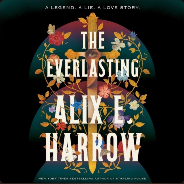 screenshot of The Everlasting: overlapping teal circles, on which there are curling leaves/vines and a golden sword. The title/author name are in white text over these images.