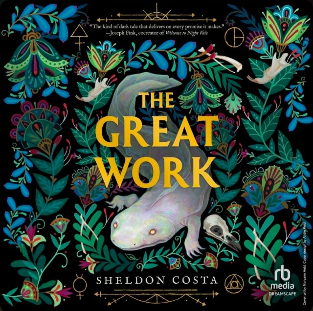 screenshot of The Great Work: there are illustrations of various plants all over the cover, with a white salamander in the center. The title is in yellow letters over it.