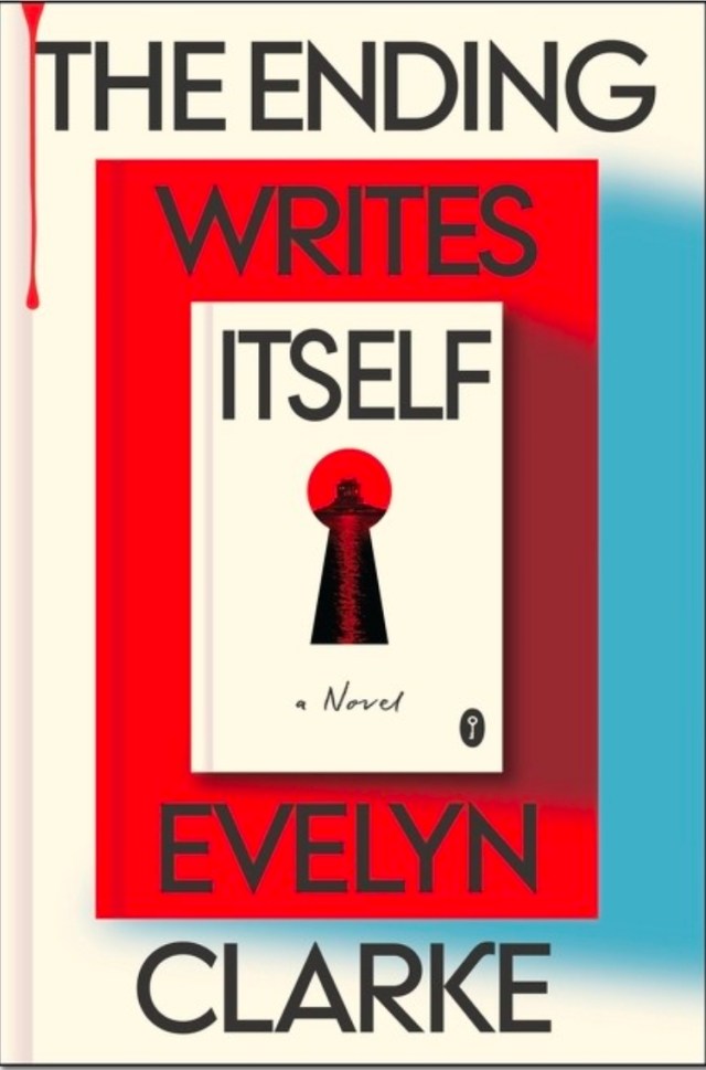 screenshot of The Ending Writes Itself: A cream background, with a red book, on which another cream-colored book is pictured. On that is a red keyhole, through which a house on an island can be seen. The title and author name are in black letters above and below this image.
