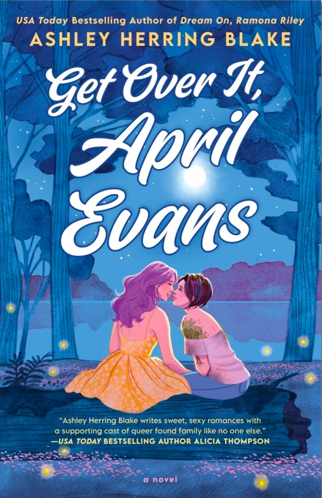 screenshot of Get Over It April Evans: two white woman (one in a dress with purple hair, the other in jeans and a draping top with short hair with colored highlights) sit next to each other. They're inches away from a kiss. Beyond them is a lake in bluish moonlight, with trees and fireflies all around.