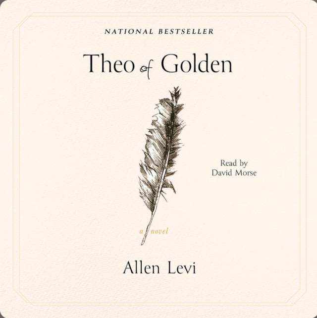 screenshot of Theo of Golden cover: a cream-colored background, with the title and author in black text. In the center of the cover is a single black bird feather.