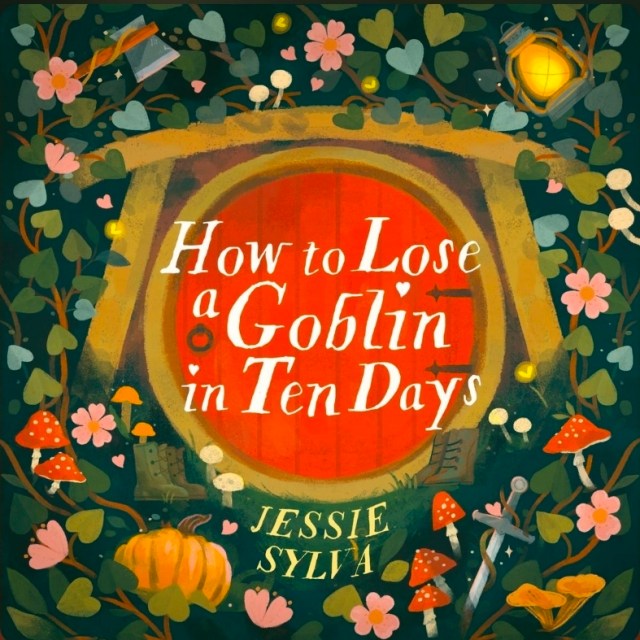 screenshot of How to Lose a Goblin in Ten Days: a dark green background with a round orange door in the center. There are plants, mushrooms, and other objects (a lantern, an axe, a sword) around the door. The title is in white over the door.