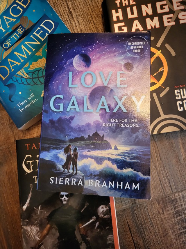 photo of Love Galaxy: two women stand at the edge of an ocean, a castle on a cliff in the distance. Several planets are visible in the blue-purple sky above. The title is in pale blue letters. The book itself sits atop other similar titles (Hunger Games; Voyage of the Damned; Gideon the Ninth)